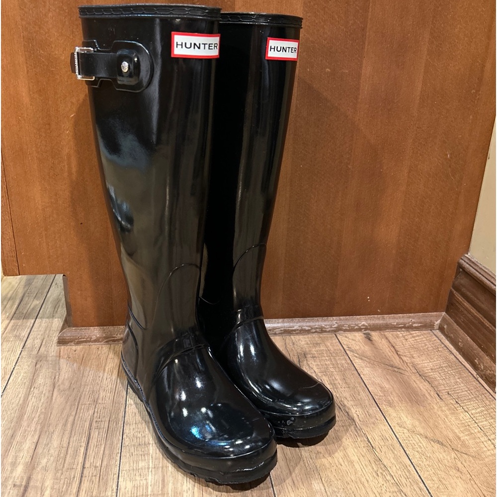 Hunter original women glossy black tall rubber rain waterproof boots US 5